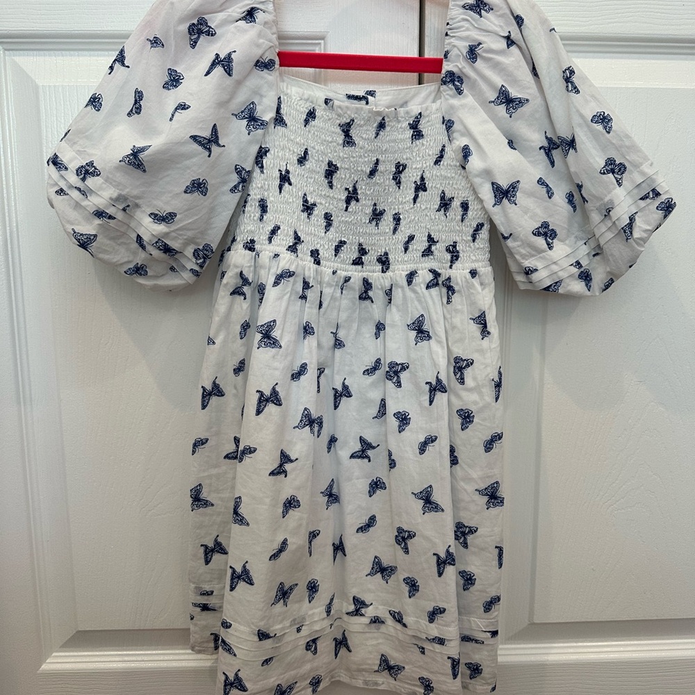 Janie and Jack - smocked dress, white with Navy Butterfly Print